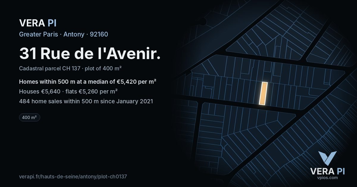 31 Rue de l'Avenir, Antony at night – the plot lit, the parcels around coloured by the prices near them