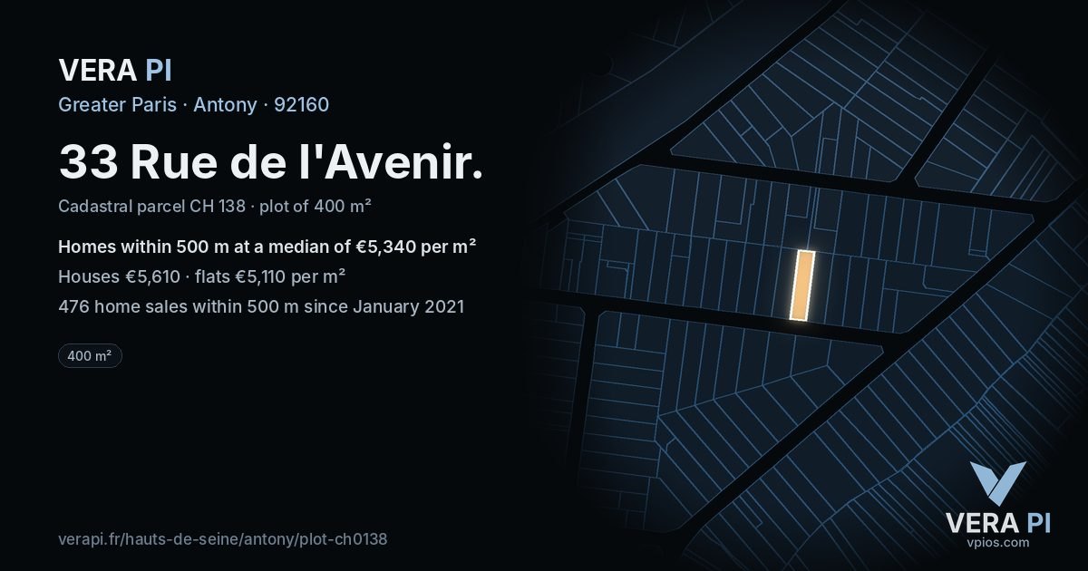 33 Rue de l'Avenir, Antony at night – the plot lit, the parcels around coloured by the prices near them