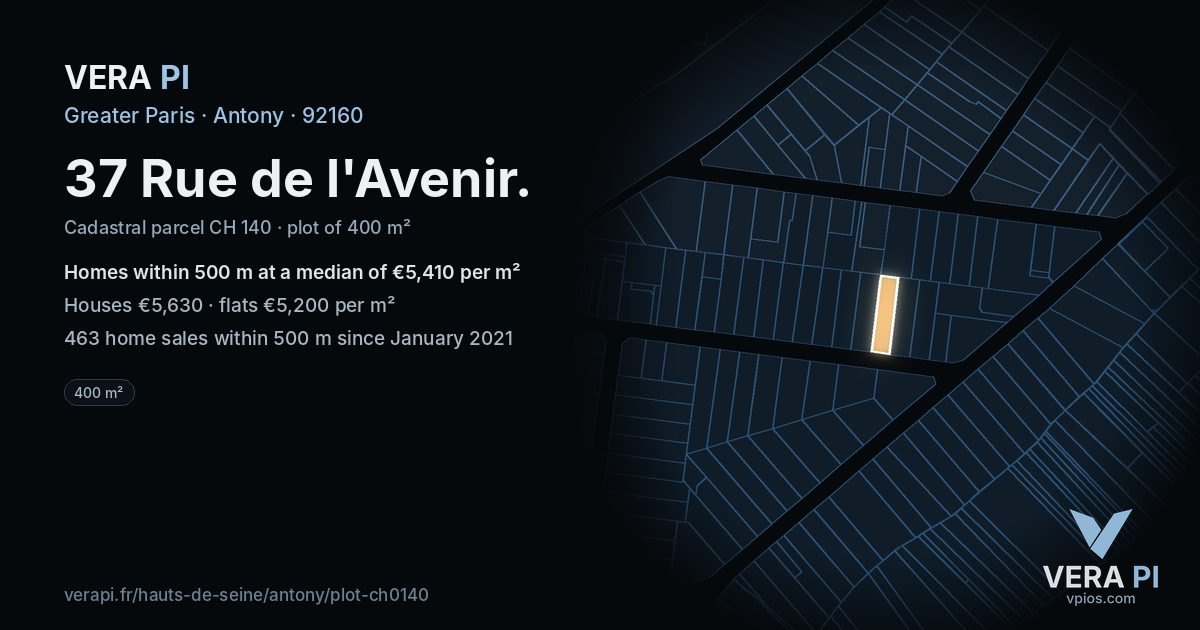 37 Rue de l'Avenir, Antony at night – the plot lit, the parcels around coloured by the prices near them