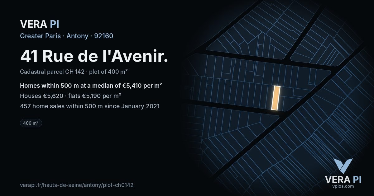 41 Rue de l'Avenir, Antony at night – the plot lit, the parcels around coloured by the prices near them
