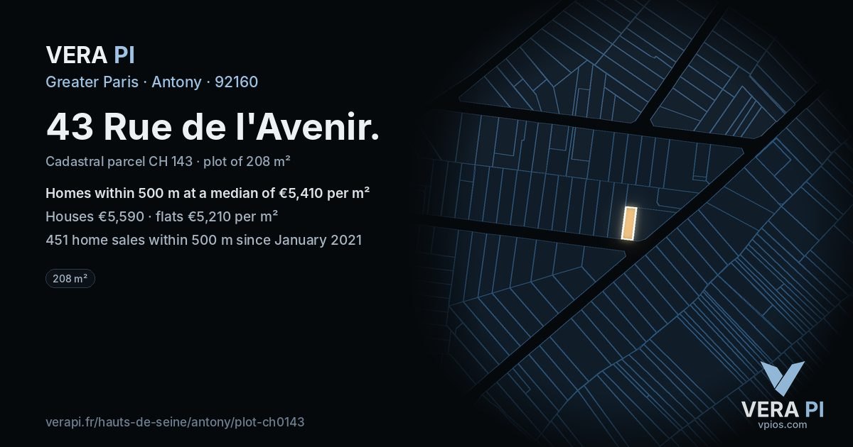 43 Rue de l'Avenir, Antony at night – the plot lit, the parcels around coloured by the prices near them