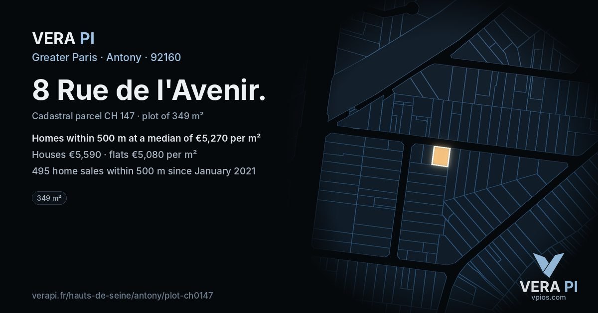 8 Rue de l'Avenir, Antony at night – the plot lit, the parcels around coloured by the prices near them