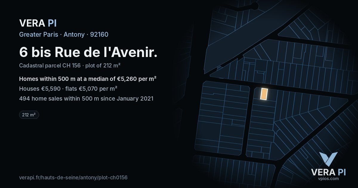 6 bis Rue de l'Avenir, Antony at night – the plot lit, the parcels around coloured by the prices near them