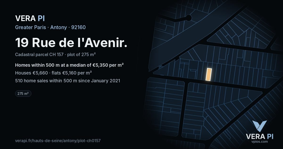 19 Rue de l'Avenir, Antony at night – the plot lit, the parcels around coloured by the prices near them