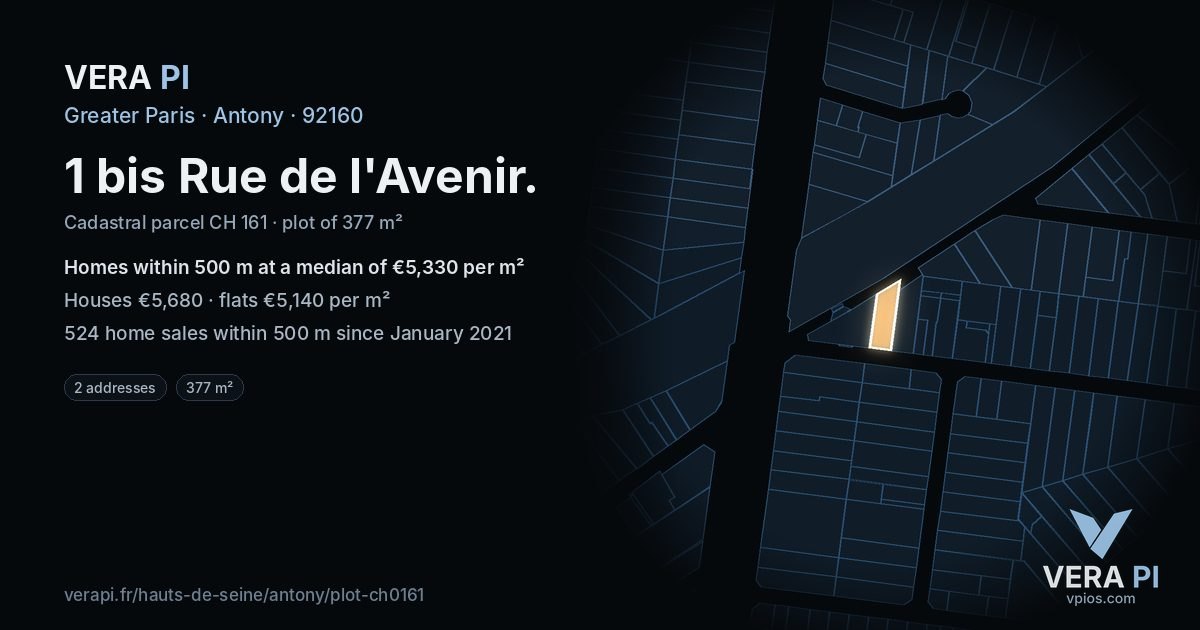 1 bis Rue de l'Avenir, Antony at night – the plot lit, the parcels around coloured by the prices near them