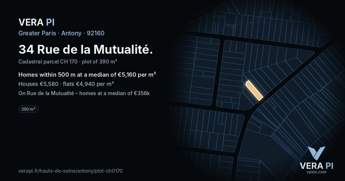 34 Rue de la Mutualité, Antony at night – the plot lit, the parcels around coloured by the prices near them