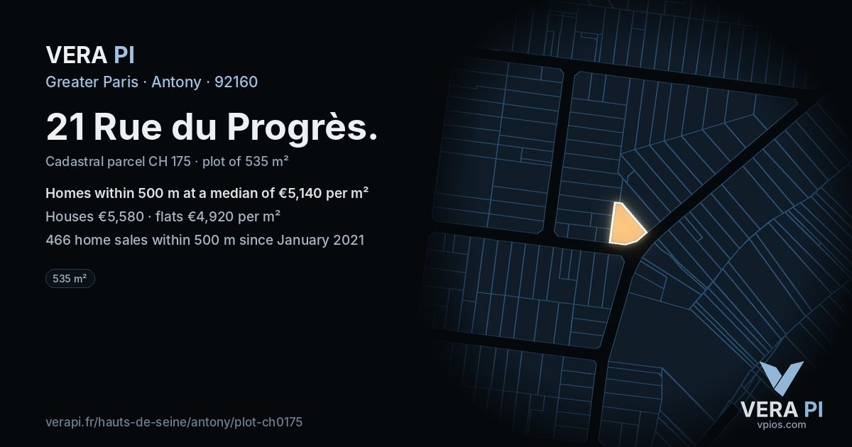 21 Rue du Progrès, Antony at night – the plot lit, the parcels around coloured by the prices near them