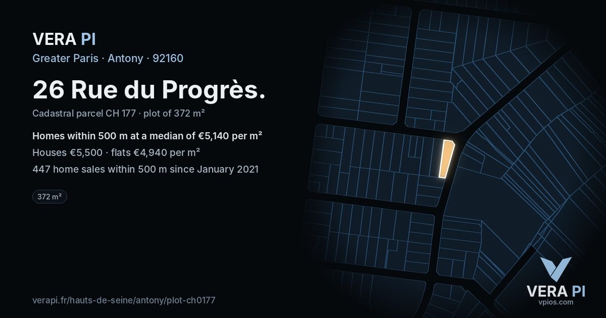 26 Rue du Progrès, Antony at night – the plot lit, the parcels around coloured by the prices near them