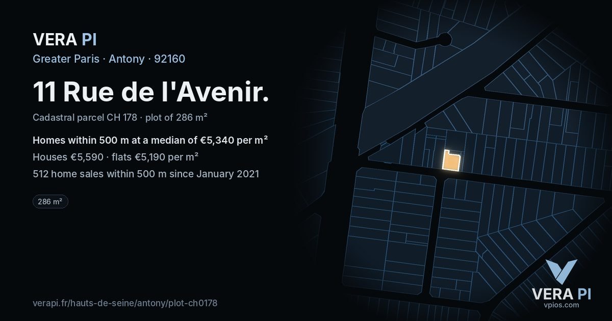 11 Rue de l'Avenir, Antony at night – the plot lit, the parcels around coloured by the prices near them