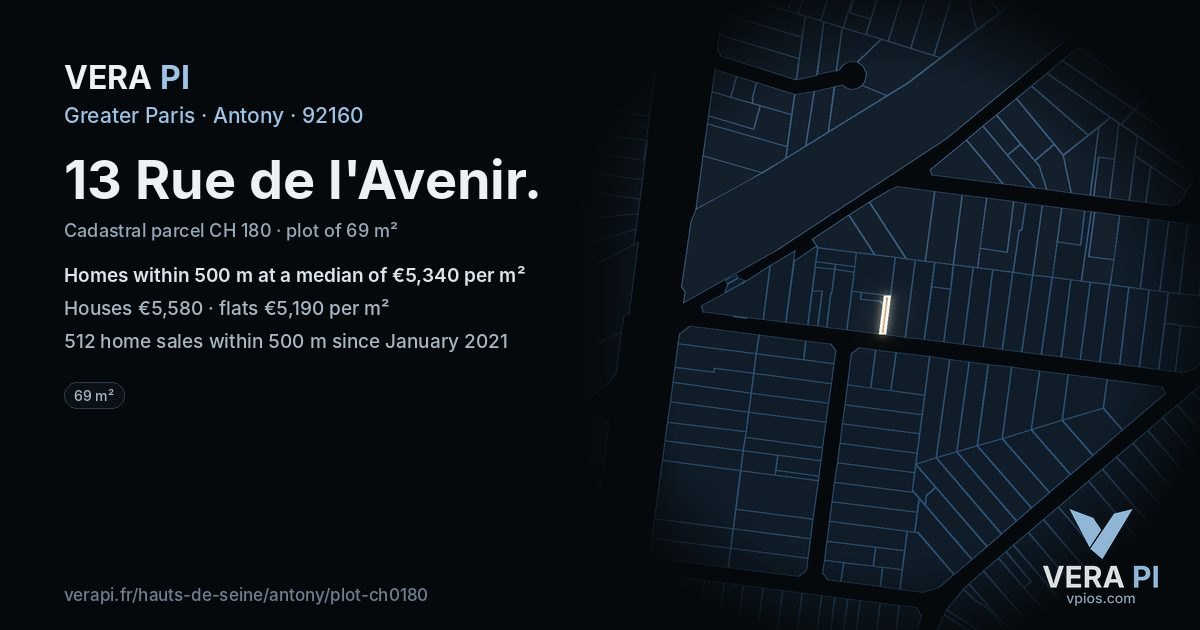 13 Rue de l'Avenir, Antony at night – the plot lit, the parcels around coloured by the prices near them