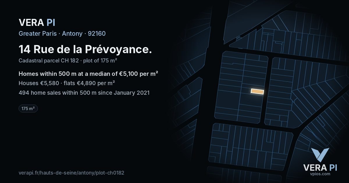 14 Rue de la Prévoyance, Antony at night – the plot lit, the parcels around coloured by the prices near them