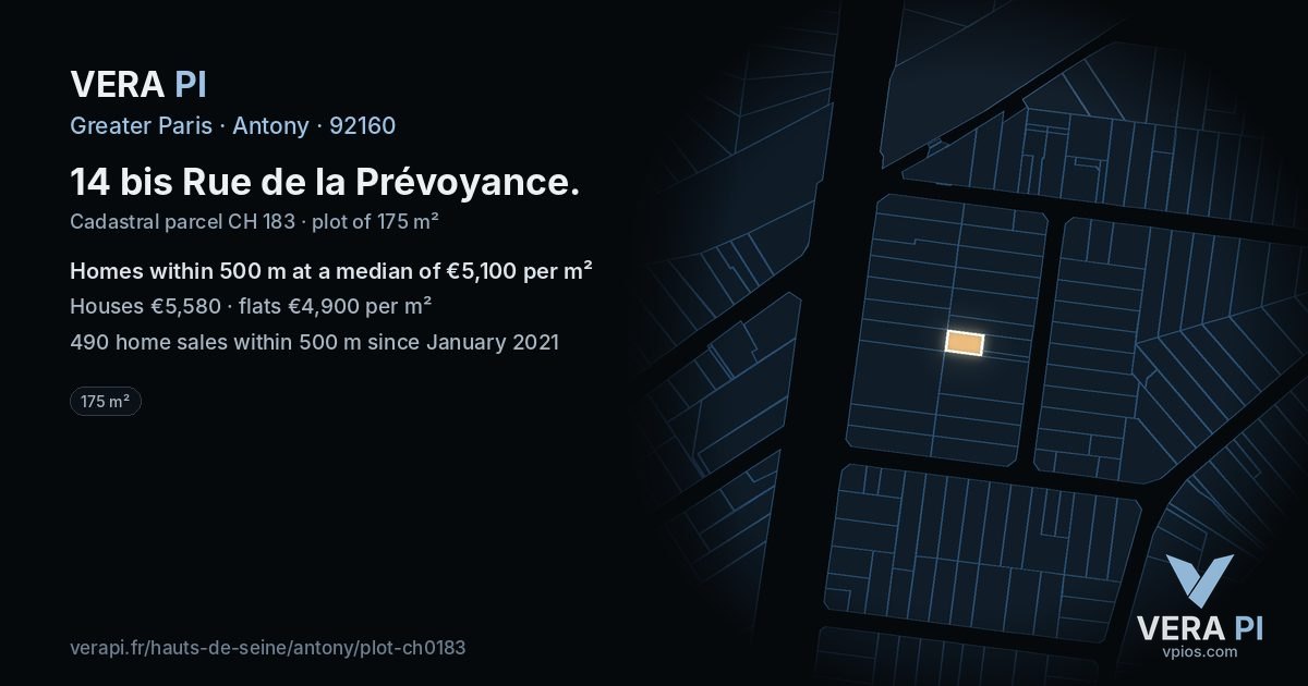 14 bis Rue de la Prévoyance, Antony at night – the plot lit, the parcels around coloured by the prices near them