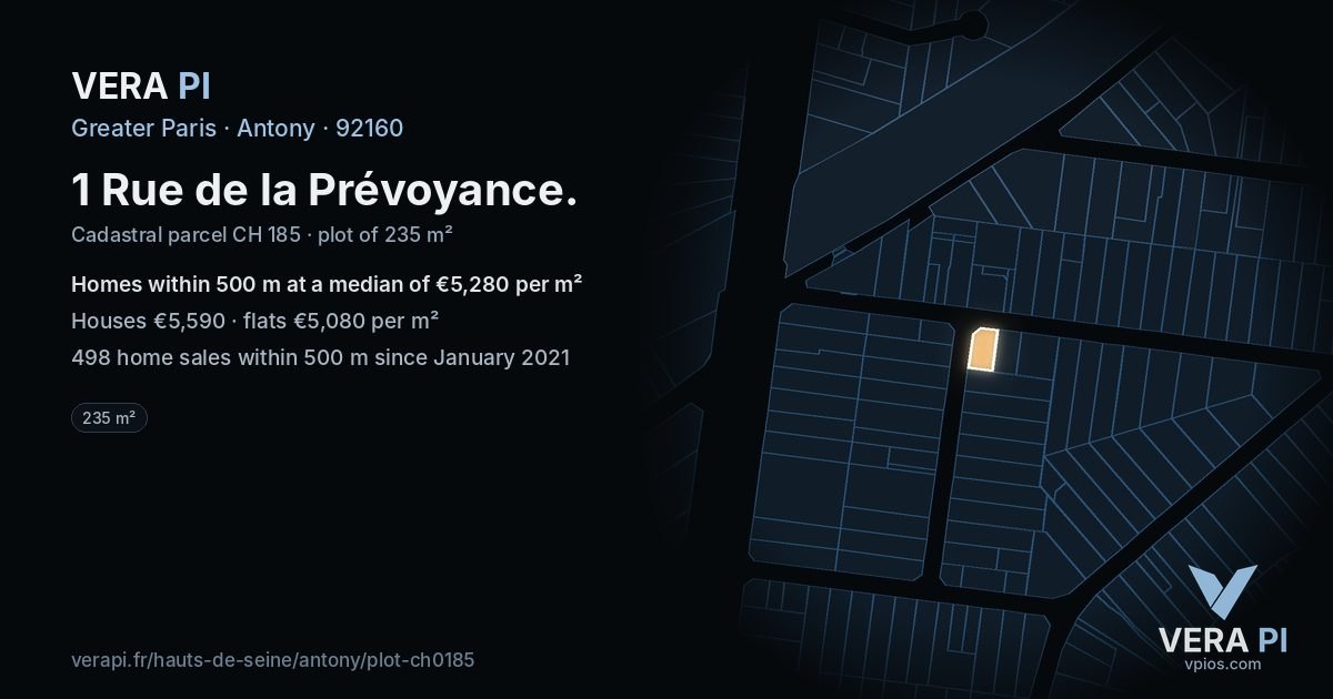 1 Rue de la Prévoyance, Antony at night – the plot lit, the parcels around coloured by the prices near them