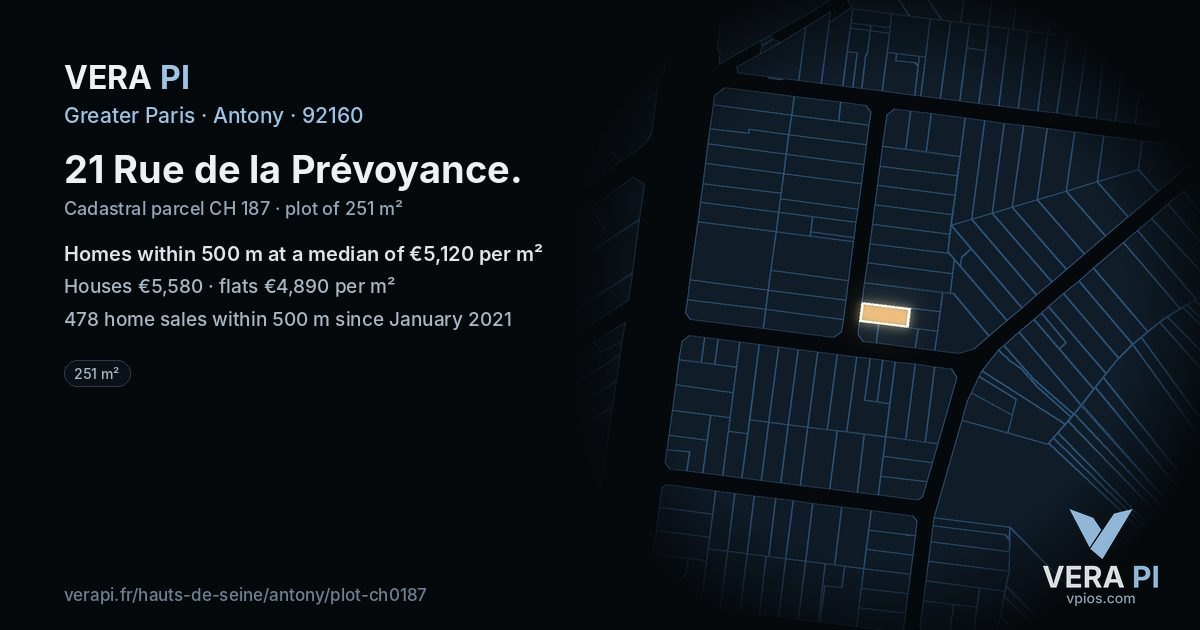 21 Rue de la Prévoyance, Antony at night – the plot lit, the parcels around coloured by the prices near them