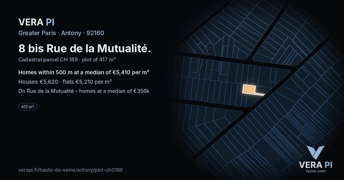 8 bis Rue de la Mutualité, Antony at night – the plot lit, the parcels around coloured by the prices near them