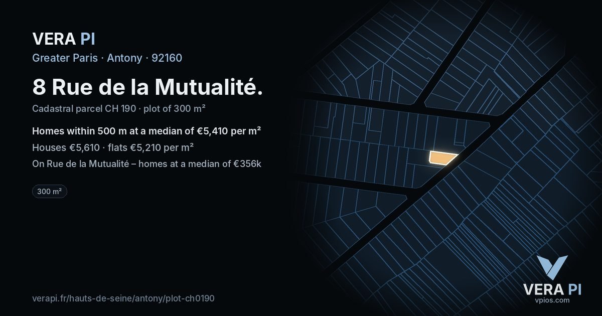 8 Rue de la Mutualité, Antony at night – the plot lit, the parcels around coloured by the prices near them