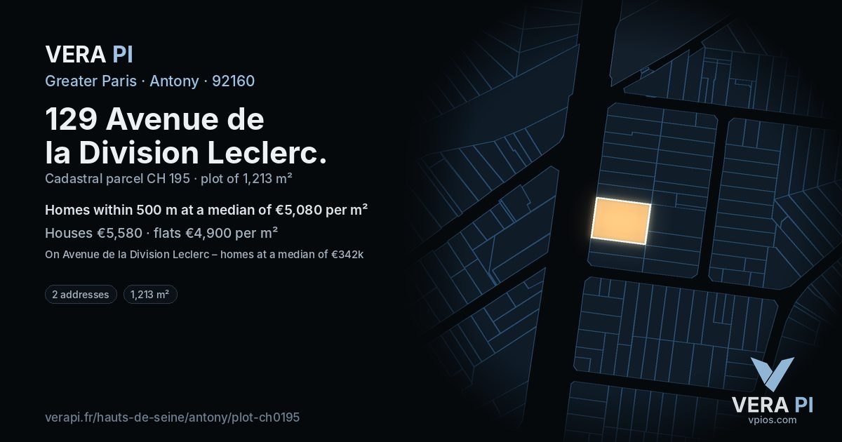 129 Avenue de la Division Leclerc, Antony at night – the plot lit, the parcels around coloured by the prices near them