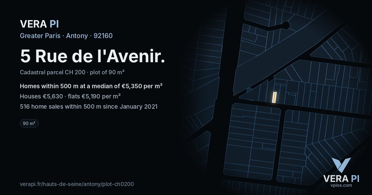 5 Rue de l'Avenir, Antony at night – the plot lit, the parcels around coloured by the prices near them