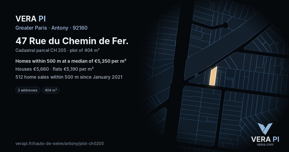 47 Rue du Chemin de Fer, Antony at night – the plot lit, the parcels around coloured by the prices near them