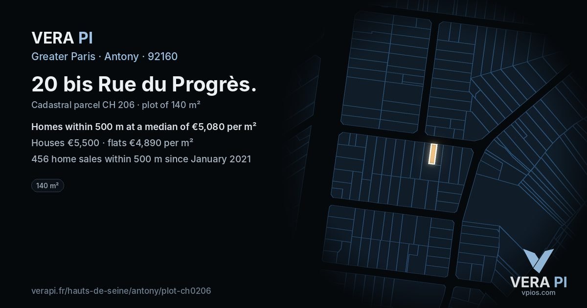 20 bis Rue du Progrès, Antony at night – the plot lit, the parcels around coloured by the prices near them