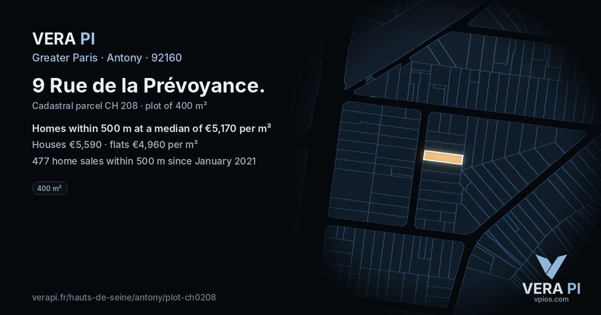 9 Rue de la Prévoyance, Antony at night – the plot lit, the parcels around coloured by the prices near them