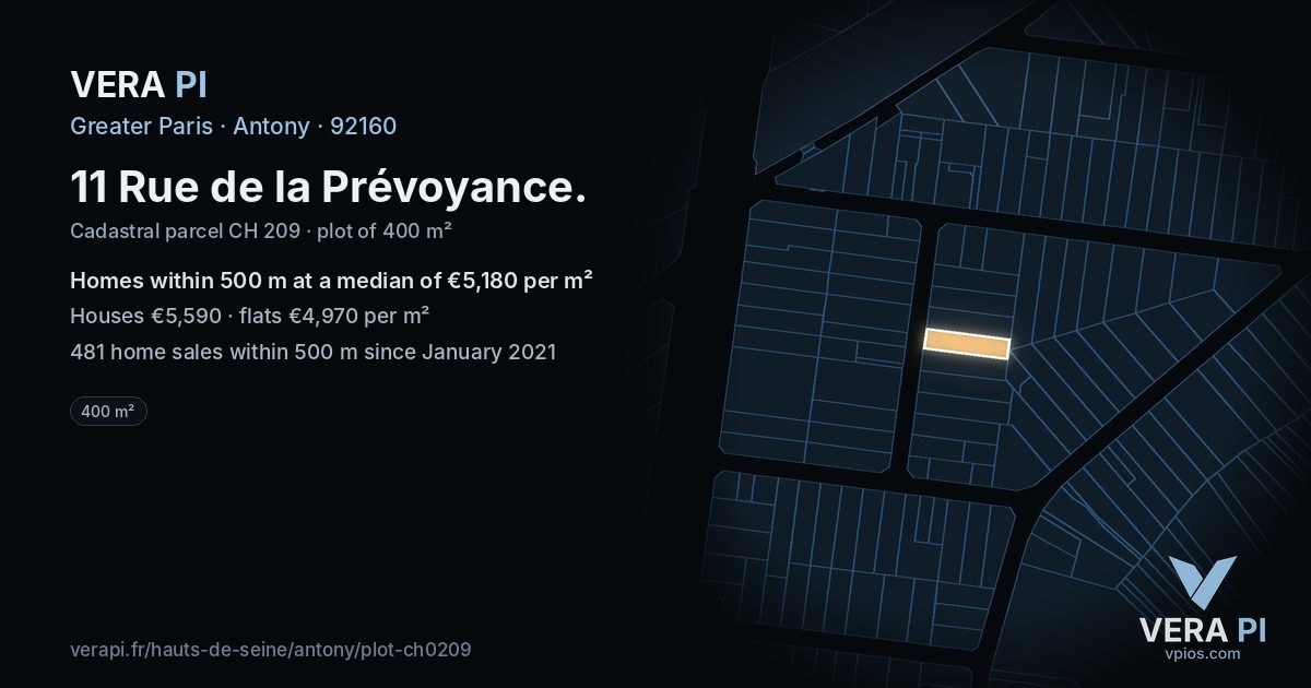 11 Rue de la Prévoyance, Antony at night – the plot lit, the parcels around coloured by the prices near them