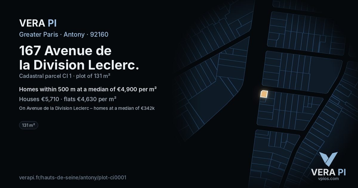 167 Avenue de la Division Leclerc, Antony at night – the plot lit, the parcels around coloured by the prices near them