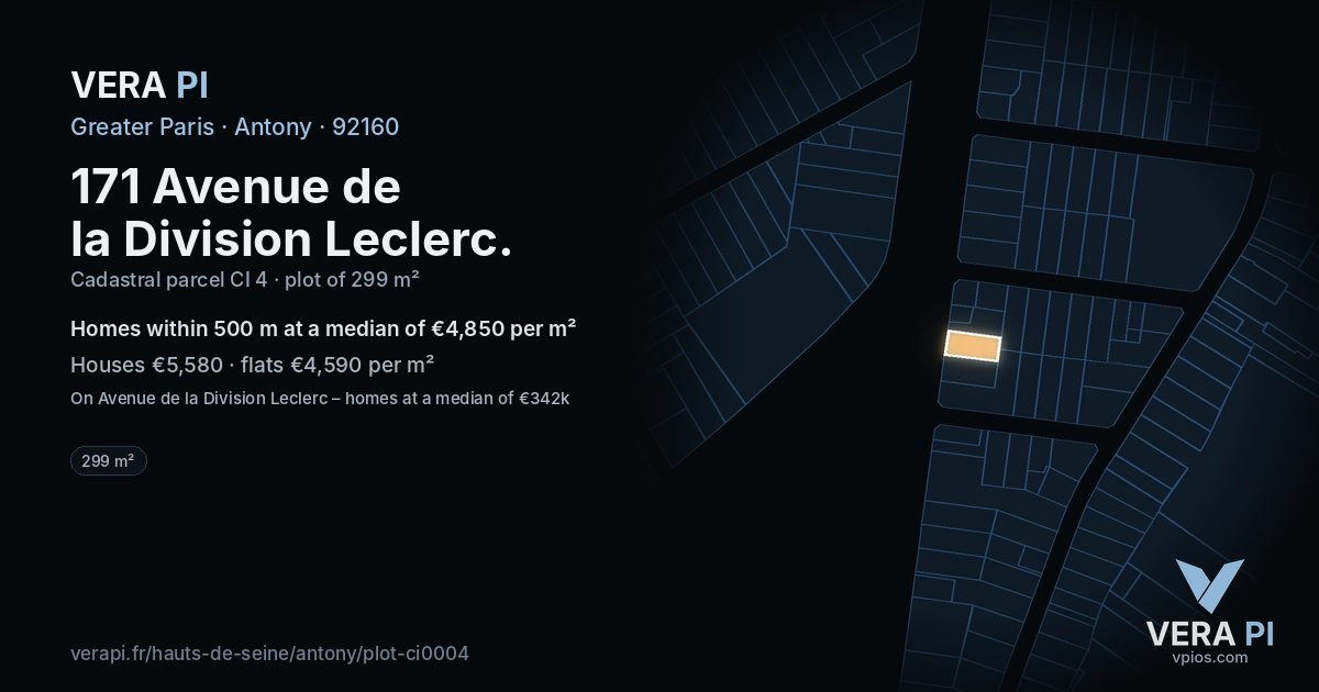 171 Avenue de la Division Leclerc, Antony at night – the plot lit, the parcels around coloured by the prices near them