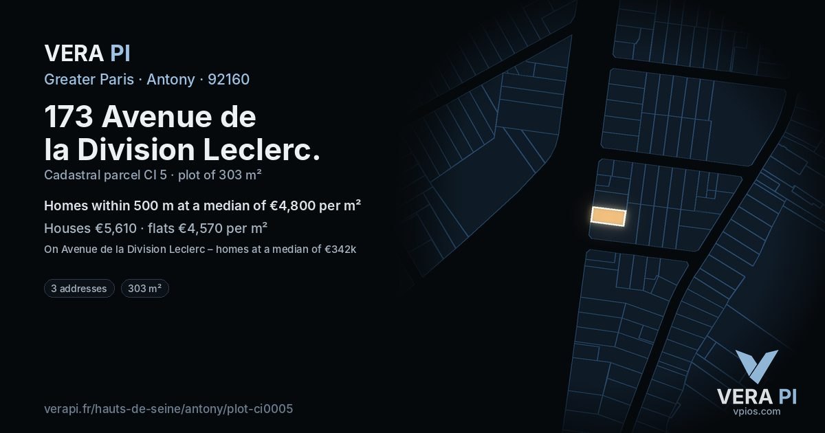 173 Avenue de la Division Leclerc, Antony at night – the plot lit, the parcels around coloured by the prices near them