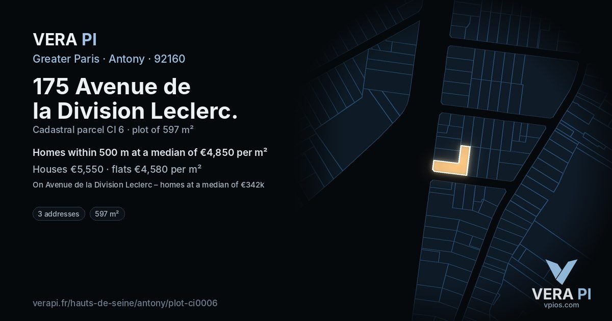 175 Avenue de la Division Leclerc, Antony at night – the plot lit, the parcels around coloured by the prices near them