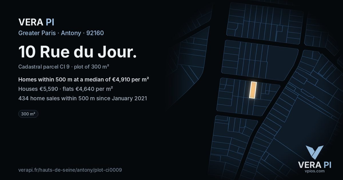 10 Rue du Jour, Antony at night – the plot lit, the parcels around coloured by the prices near them