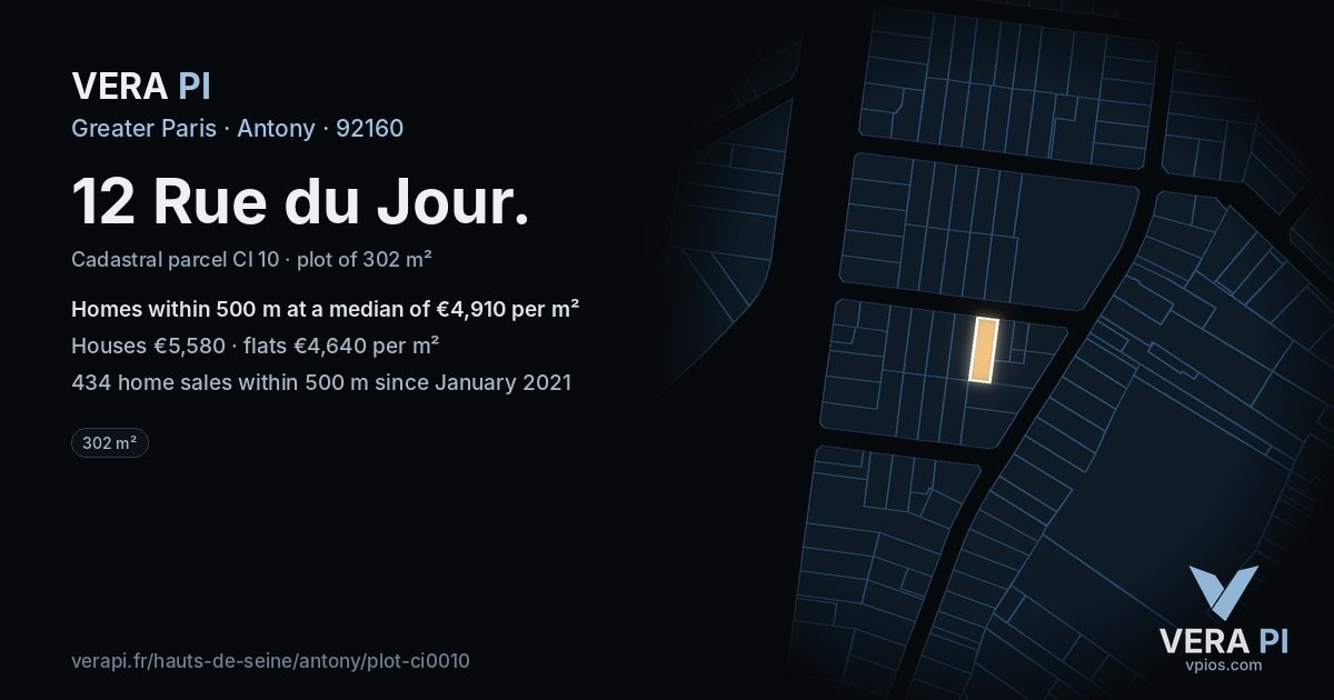 12 Rue du Jour, Antony at night – the plot lit, the parcels around coloured by the prices near them