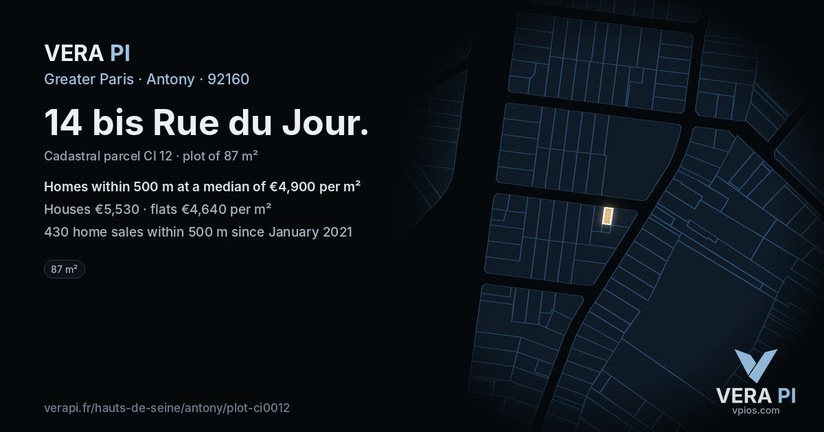 14 bis Rue du Jour, Antony at night – the plot lit, the parcels around coloured by the prices near them