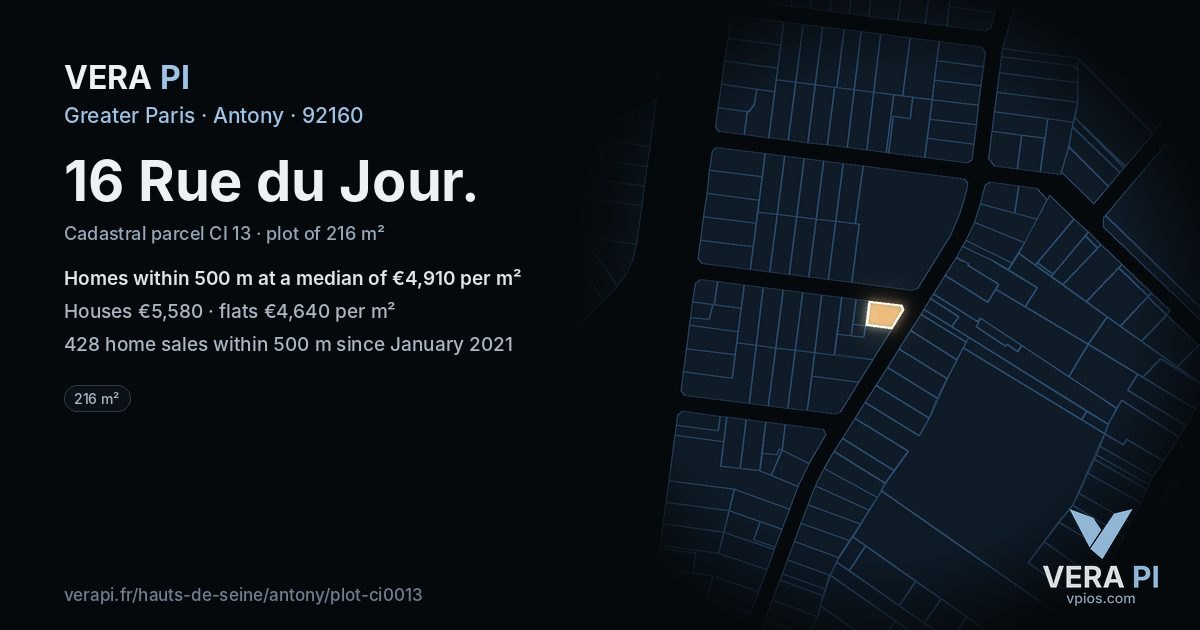 16 Rue du Jour, Antony at night – the plot lit, the parcels around coloured by the prices near them