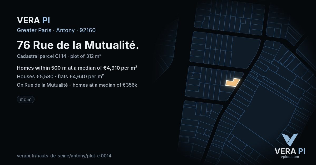 76 Rue de la Mutualité, Antony at night – the plot lit, the parcels around coloured by the prices near them