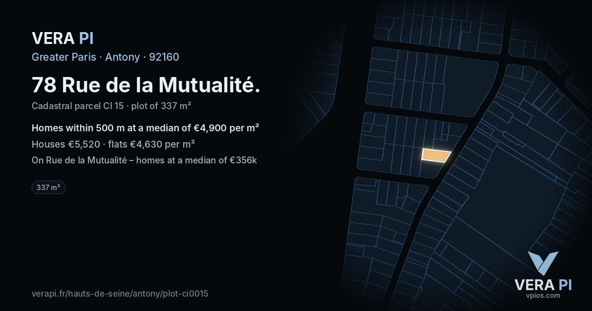 78 Rue de la Mutualité, Antony at night – the plot lit, the parcels around coloured by the prices near them