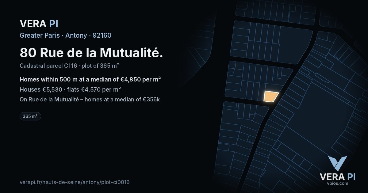 80 Rue de la Mutualité, Antony at night – the plot lit, the parcels around coloured by the prices near them