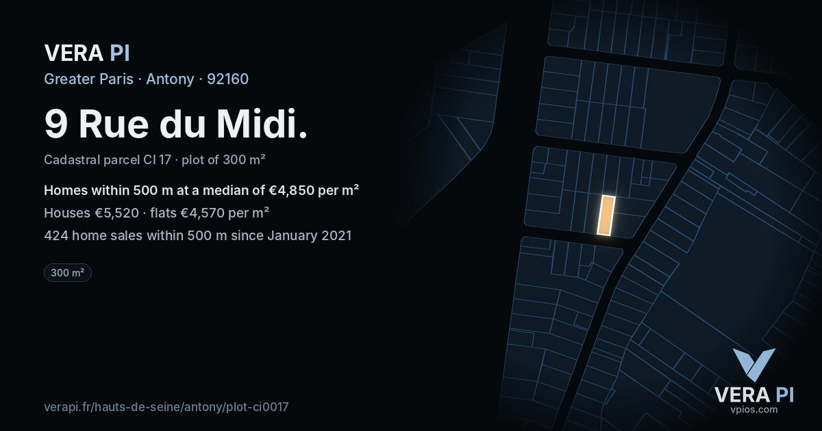 9 Rue du Midi, Antony at night – the plot lit, the parcels around coloured by the prices near them