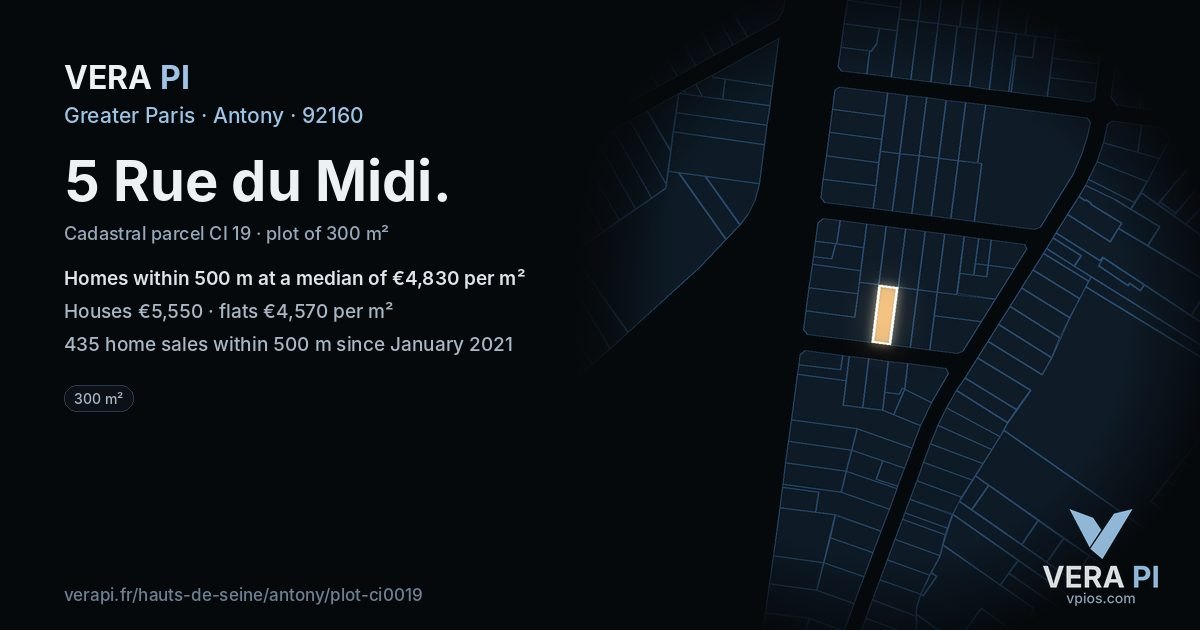 5 Rue du Midi, Antony at night – the plot lit, the parcels around coloured by the prices near them