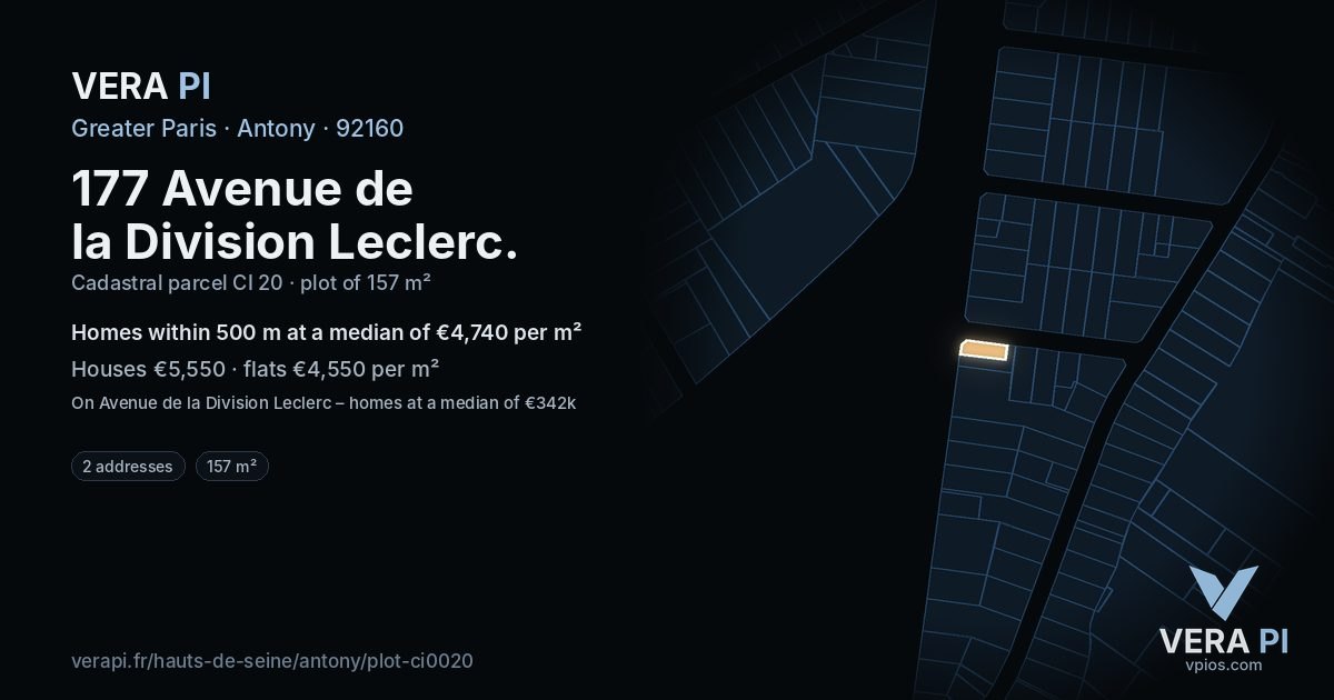 177 Avenue de la Division Leclerc, Antony at night – the plot lit, the parcels around coloured by the prices near them