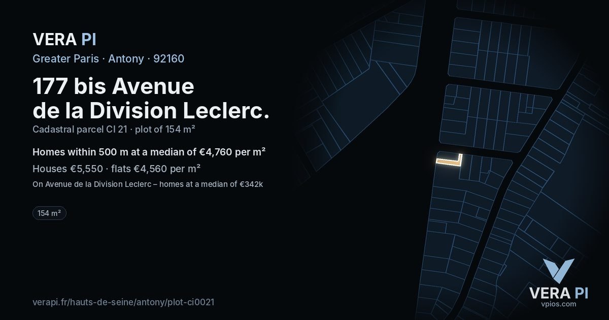 177 bis Avenue de la Division Leclerc, Antony at night – the plot lit, the parcels around coloured by the prices near them