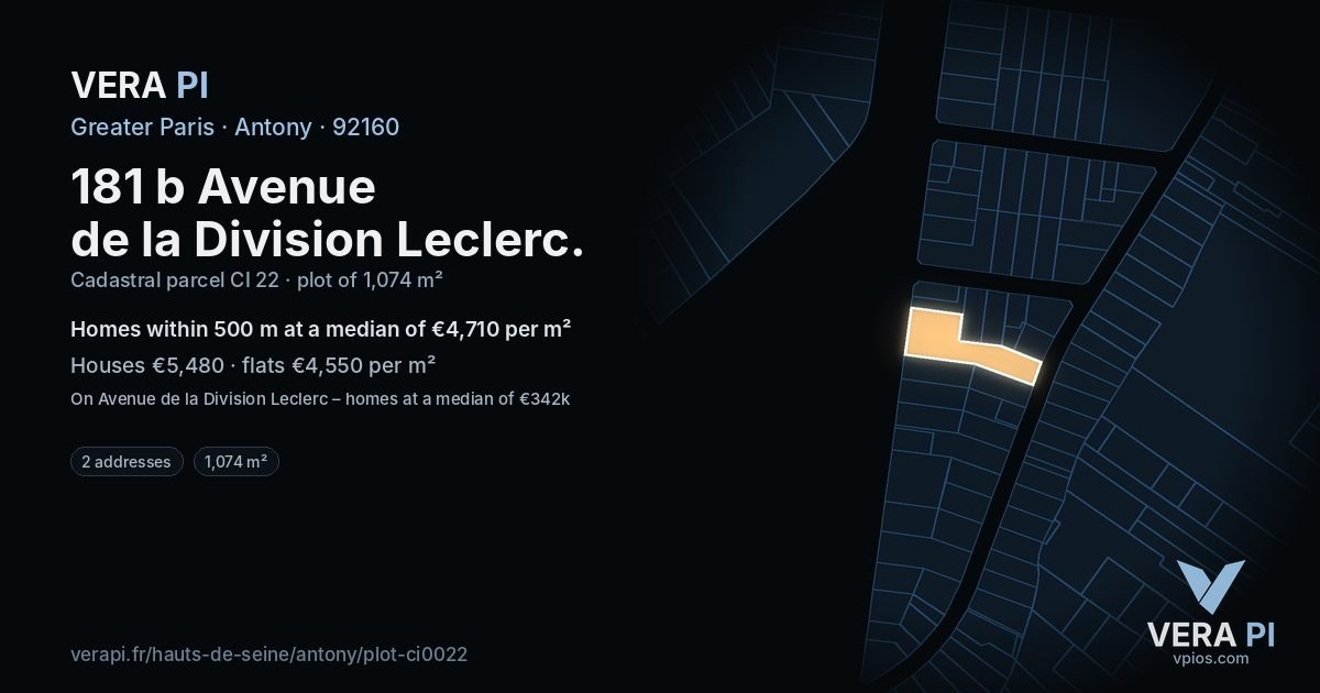 181 b Avenue de la Division Leclerc, Antony at night – the plot lit, the parcels around coloured by the prices near them