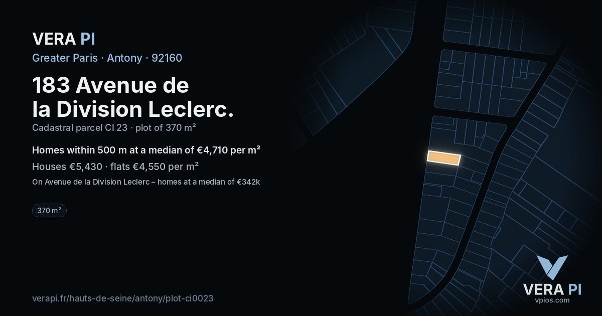 183 Avenue de la Division Leclerc, Antony at night – the plot lit, the parcels around coloured by the prices near them