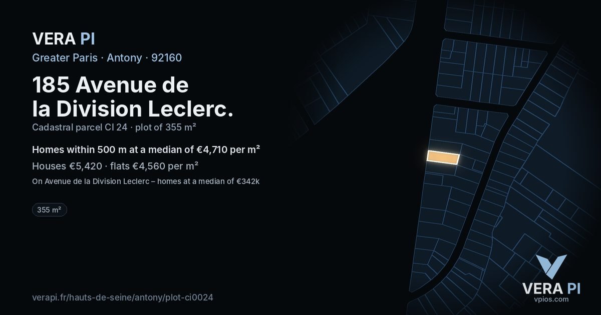 185 Avenue de la Division Leclerc, Antony at night – the plot lit, the parcels around coloured by the prices near them