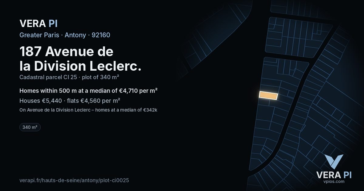 187 Avenue de la Division Leclerc, Antony at night – the plot lit, the parcels around coloured by the prices near them
