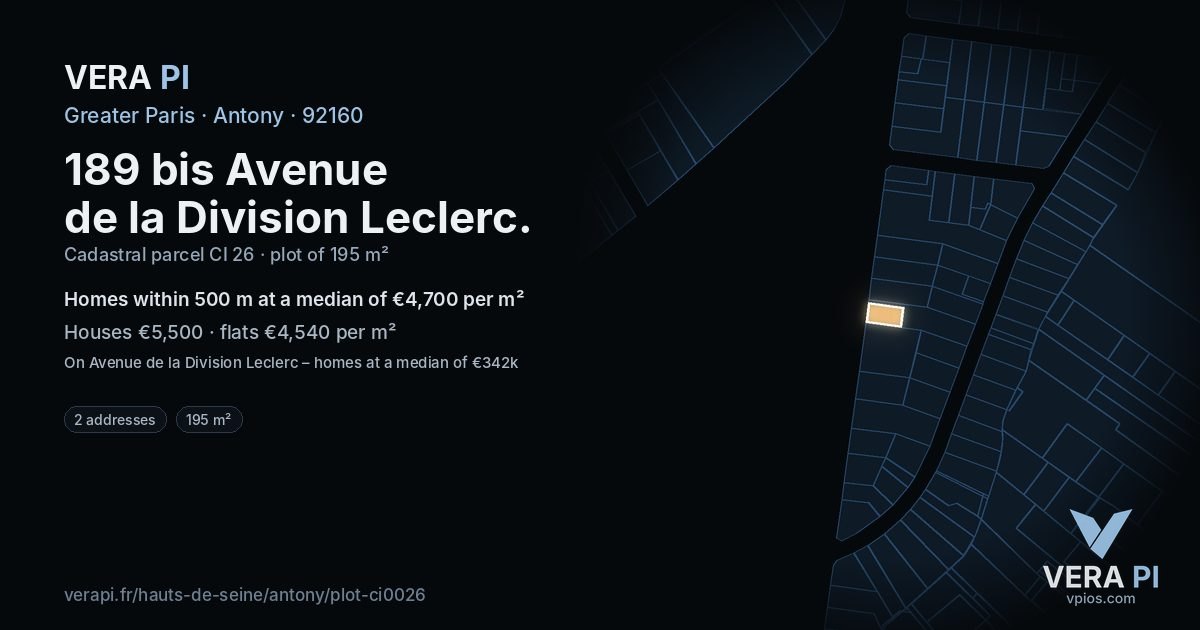 189 bis Avenue de la Division Leclerc, Antony at night – the plot lit, the parcels around coloured by the prices near them
