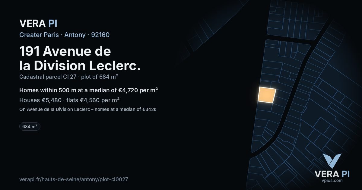 191 Avenue de la Division Leclerc, Antony at night – the plot lit, the parcels around coloured by the prices near them