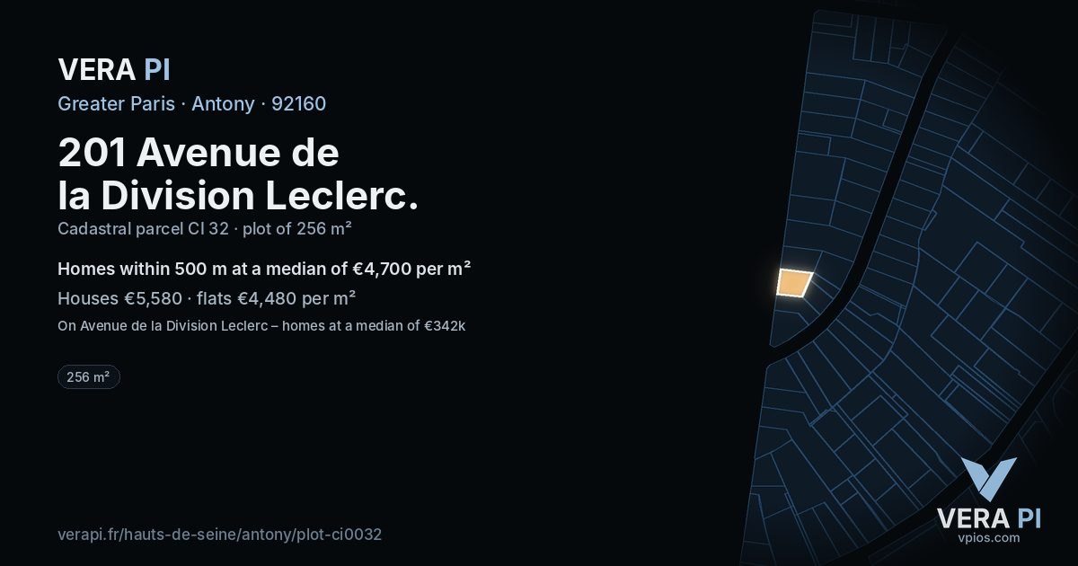 201 Avenue de la Division Leclerc, Antony at night – the plot lit, the parcels around coloured by the prices near them