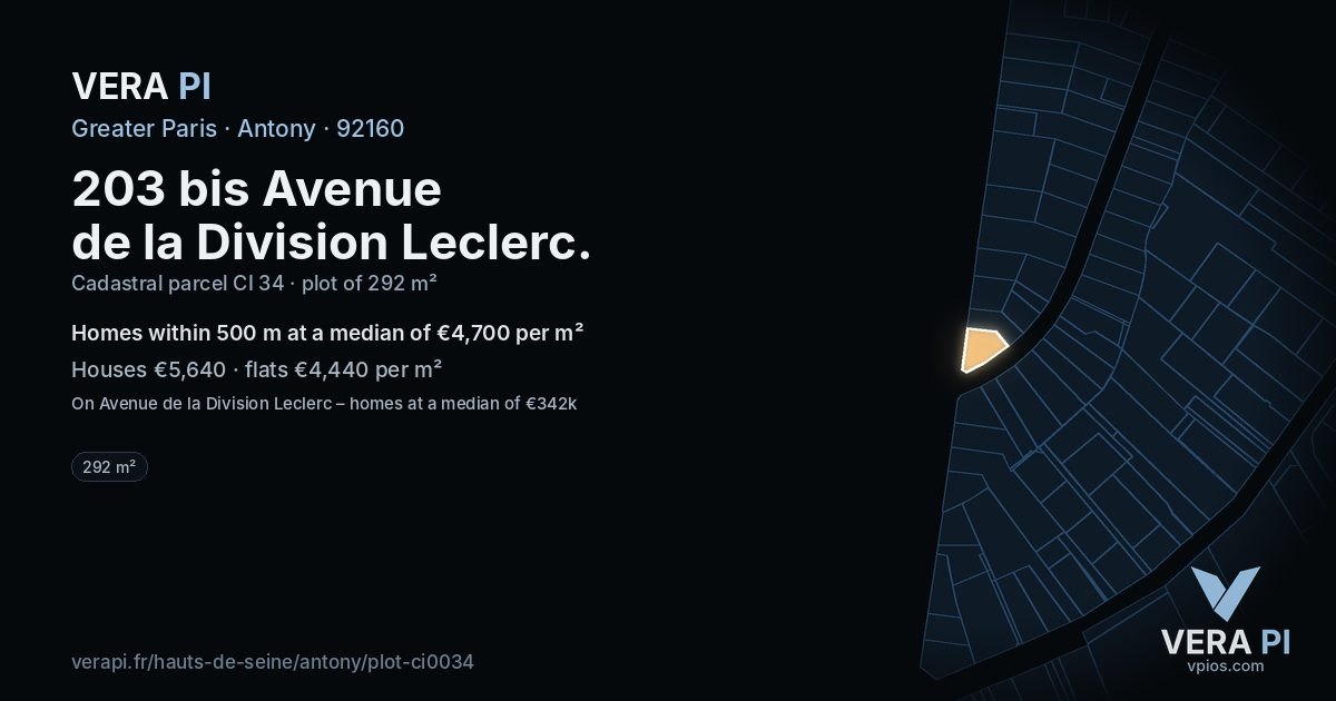 203 bis Avenue de la Division Leclerc, Antony at night – the plot lit, the parcels around coloured by the prices near them