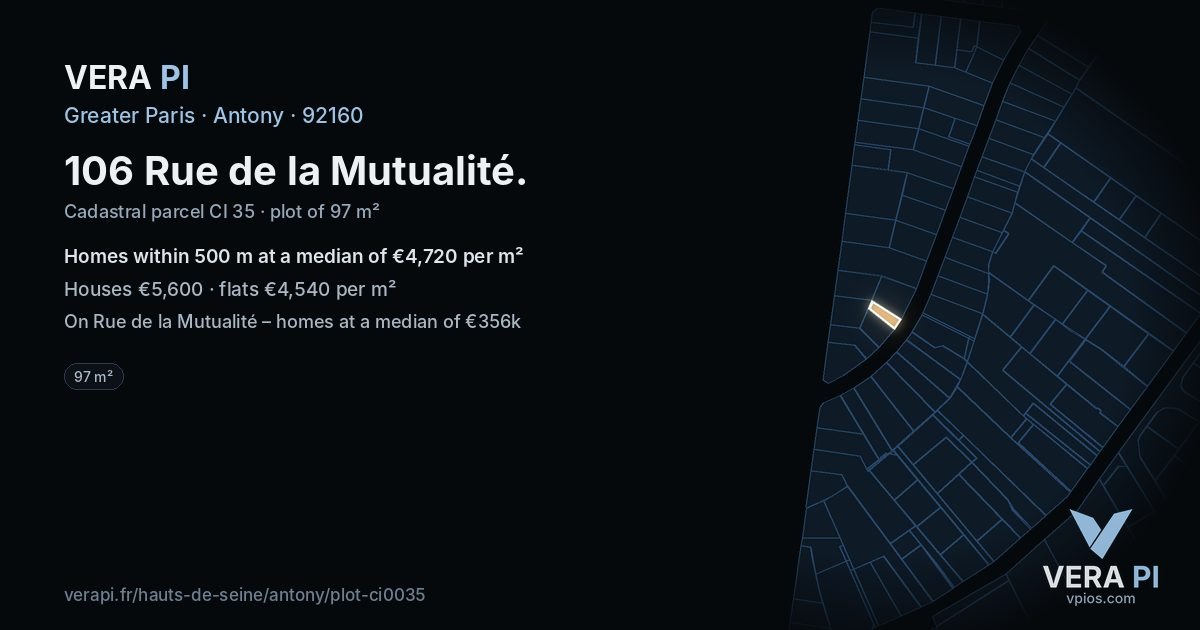 106 Rue de la Mutualité, Antony at night – the plot lit, the parcels around coloured by the prices near them